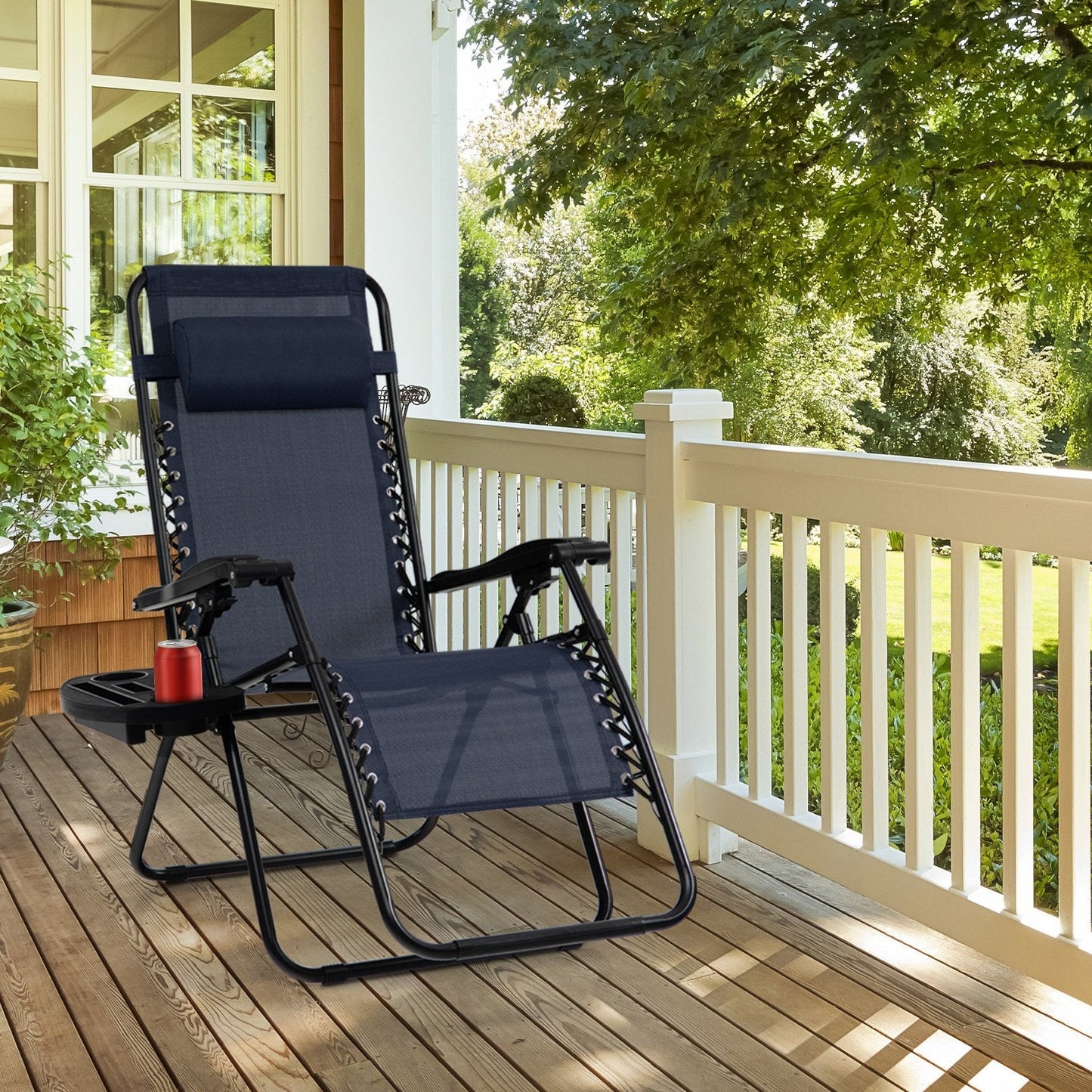 Folding Patio Recliners with Removable Headrest and Cup Holder-Navy