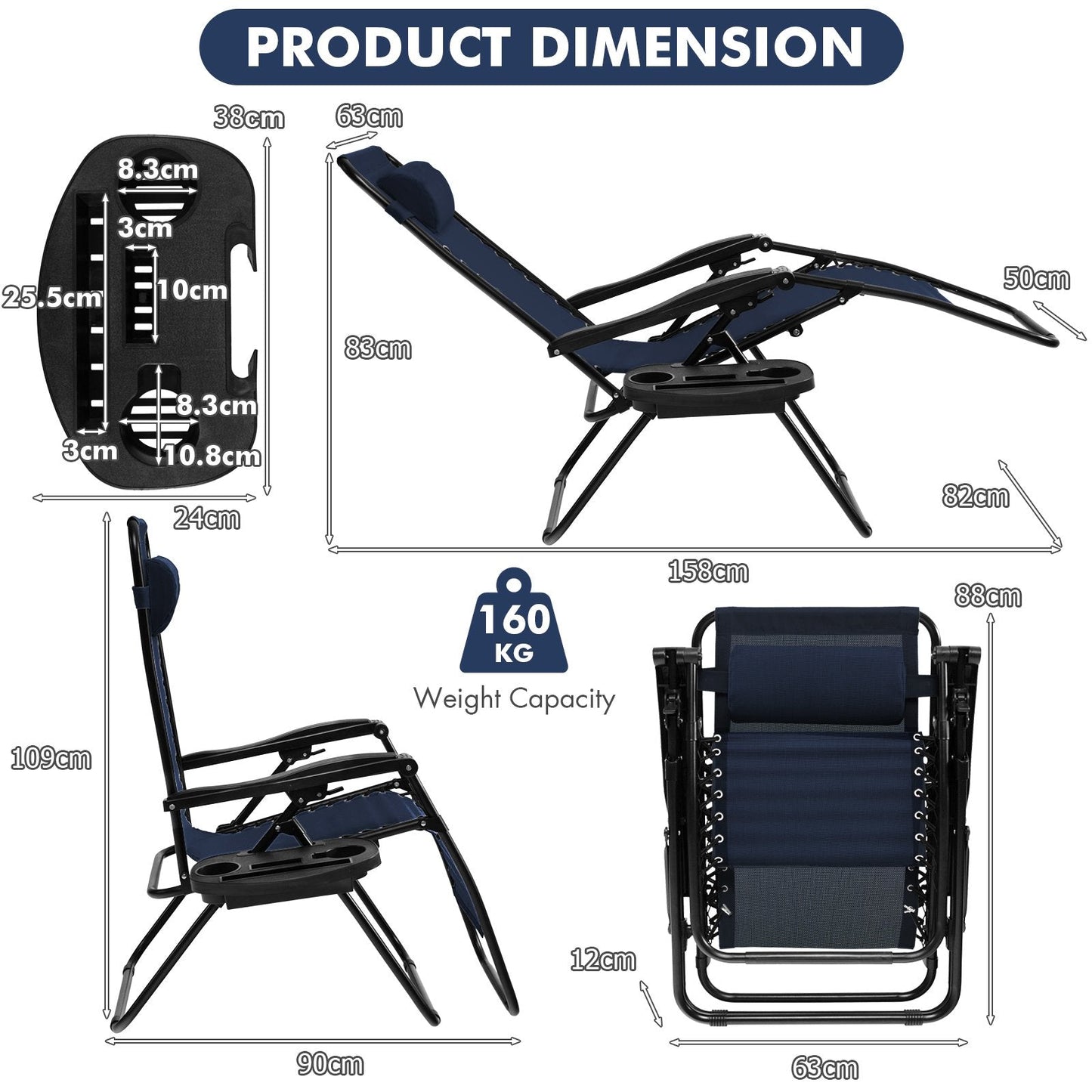 Folding Patio Recliners with Removable Headrest and Cup Holder-Navy