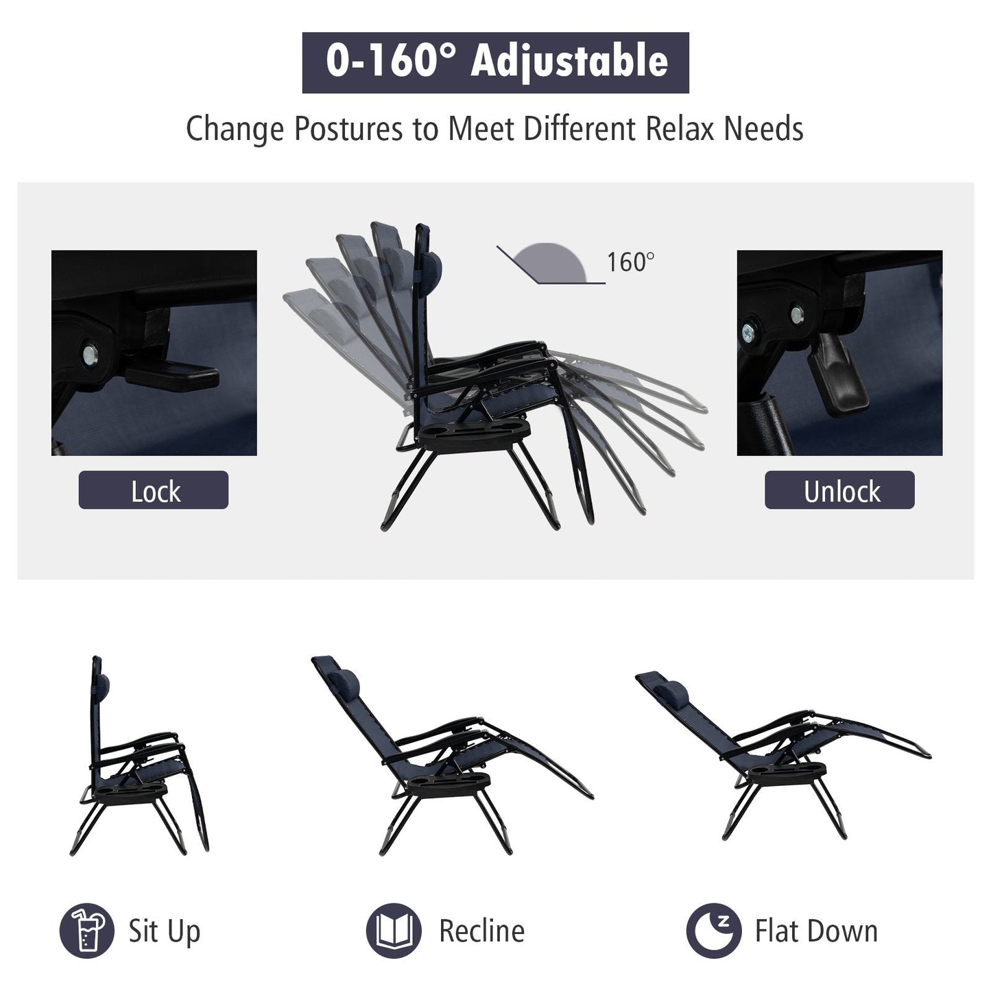 Folding Patio Recliners with Removable Headrest and Cup Holder-Navy