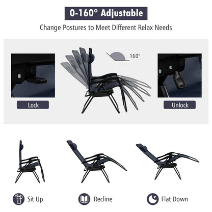 Folding Patio Recliners with Removable Headrest and Cup Holder-Navy