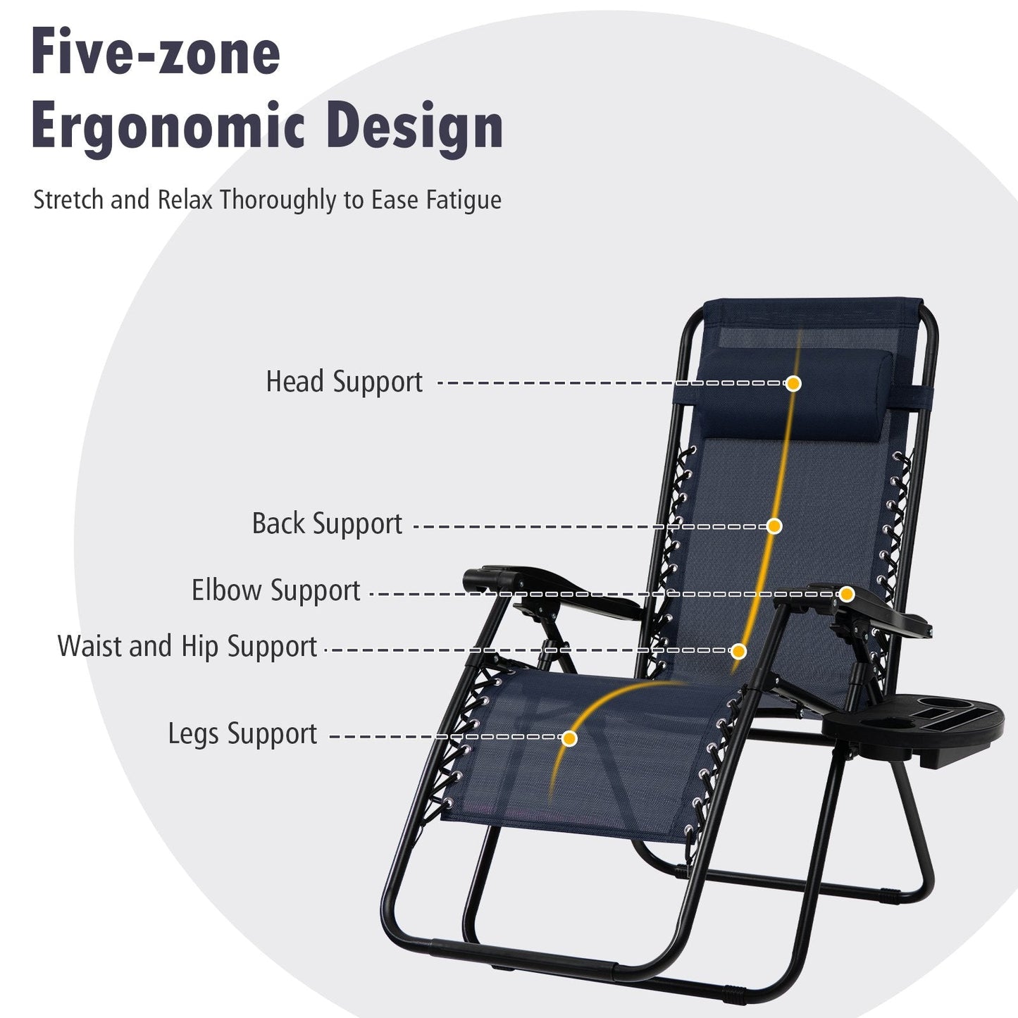 Folding Patio Recliners with Removable Headrest and Cup Holder-Navy
