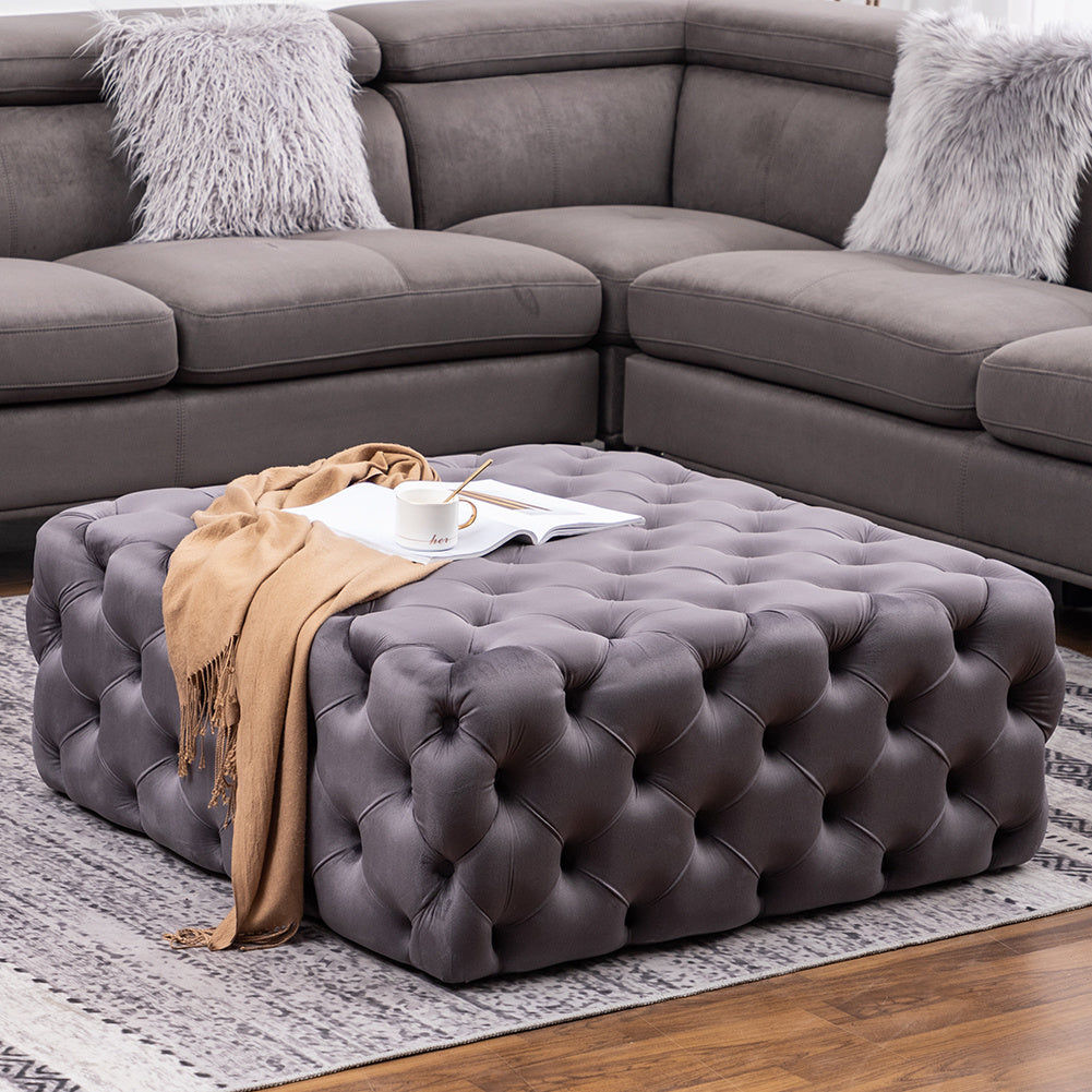 100cm W Grey Square Velvet Tufted Cocktail Footstool