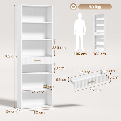 HOMCOM Bookcase Narrow Tall Space-Saving Bookshelf Drawer Open Shelves 60 x 24 x 182 cm White
