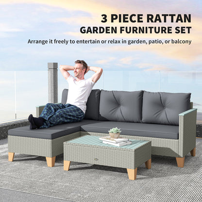 Outsunny 3 Pieces Rattan Garden Furniture Set, L Shaped Garden Conversation Chaise Lounge Furniture with Wood Top Coffee Table and Thick Cushions, Charcoal Grey