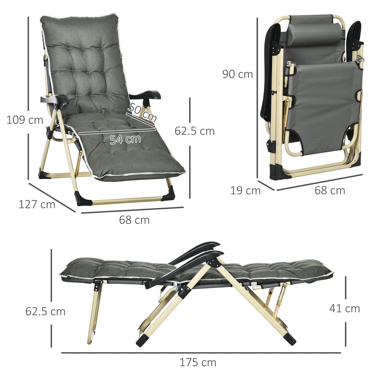 Outsunny Outdoor Reclining Sun Lounger Garden Recliner Chair Folding With Cushion Pillow Adjustable Backrest And Footrest - Grey