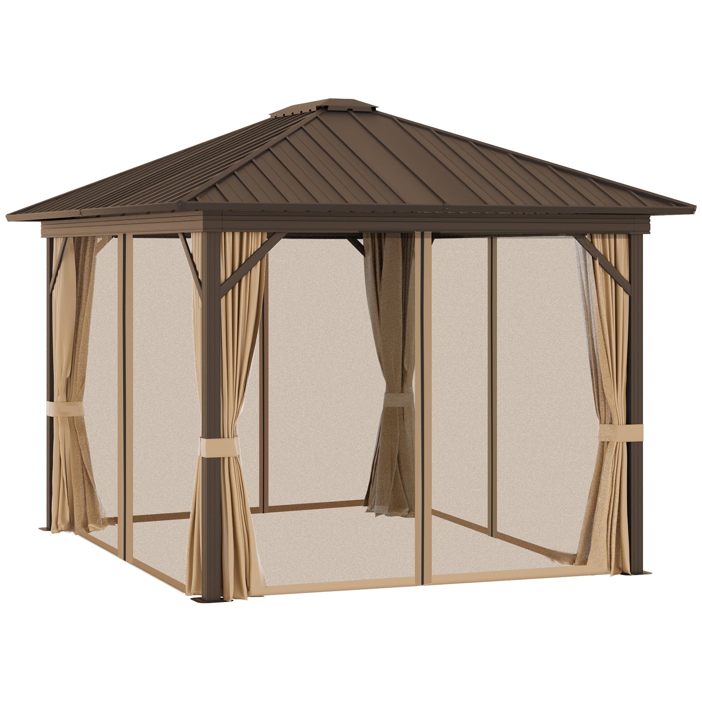 Outsunny 3 x 3.6m Outdoor Hardtop Gazebo Metal Roof Patio Gazebo with Aluminium Frame, Mesh Nettings, Curtains, & Roomy Interior Space, Brown