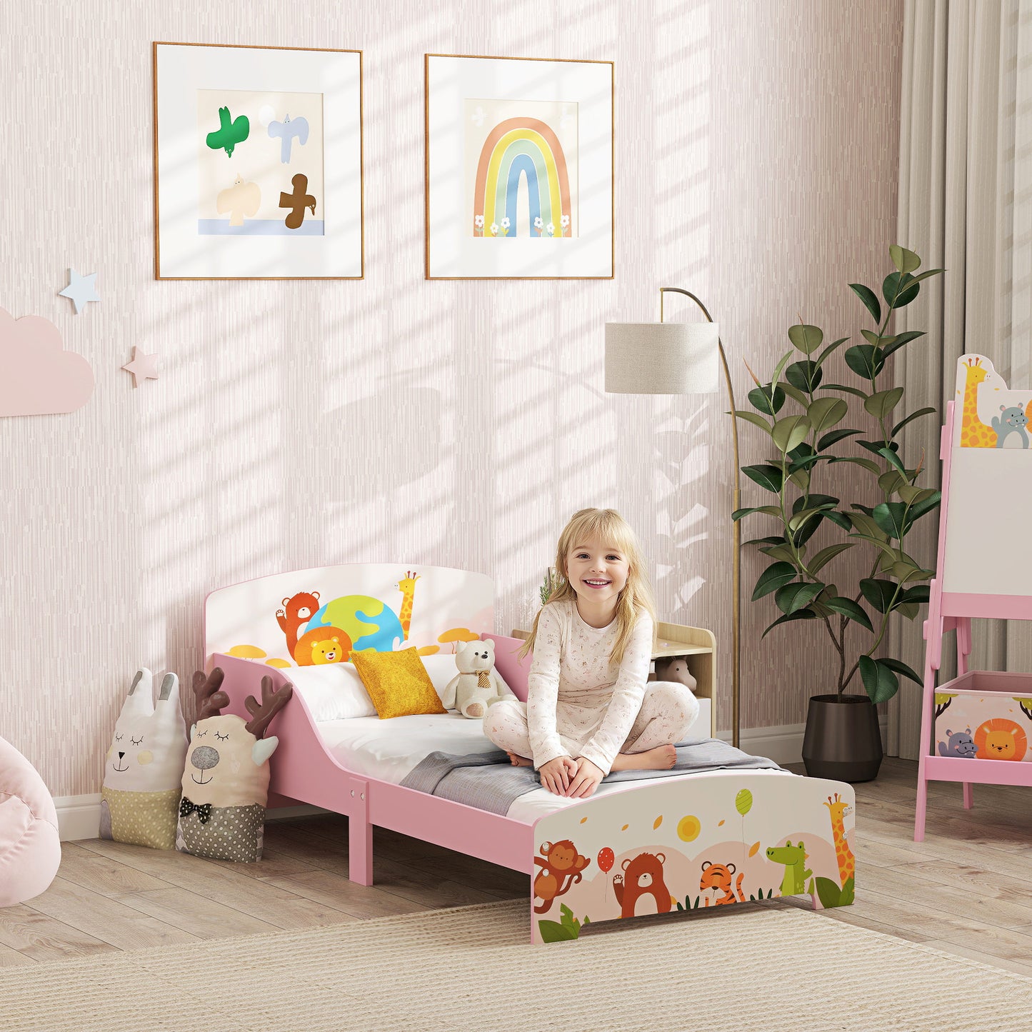 AIYAPLAY Cute Animal-Themed Toddler Bed w/ Safety Rails, 143 x 77 x 60cm