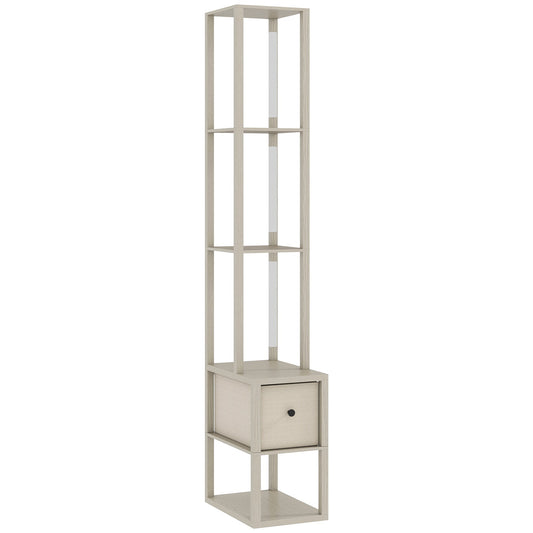 HOMCOM Floor Lamp with Shelves, LED Column Modern Standing Lamp with Fabric Drawer, Adjustable Brightness, Foot Switch for Living Room, Bedroom, Office, Oak