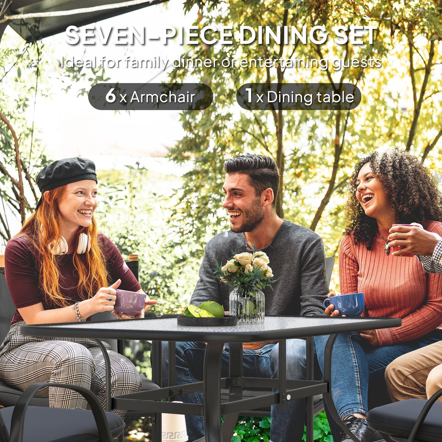 Outsunny Seven-Piece Garden Dining Set with Cushions - Black