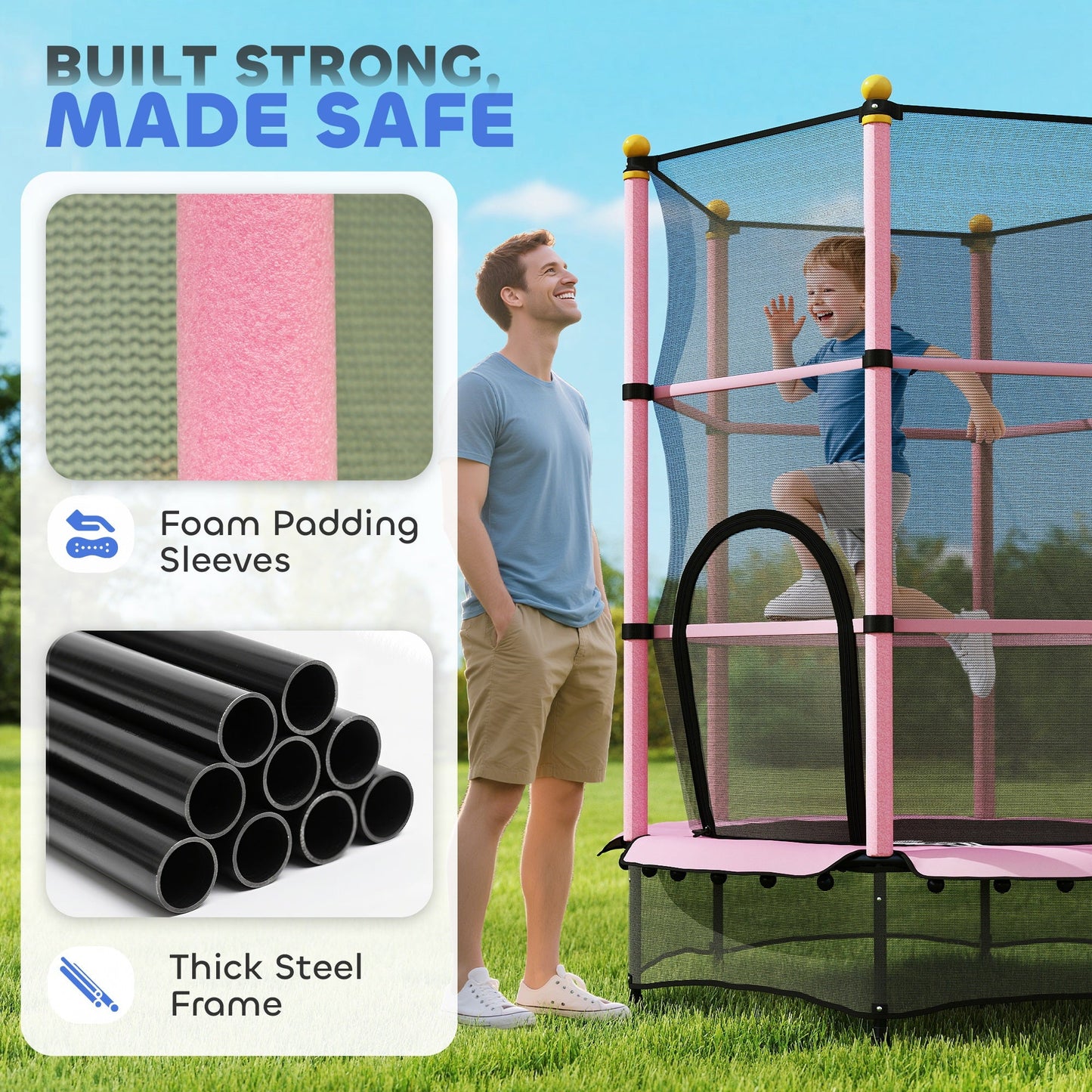 HOMCOM 4.6FT/55" Kids Trampoline with Safety Enclosure, Outdoor Indoor Use, for Ages 3-10 Years, Pink