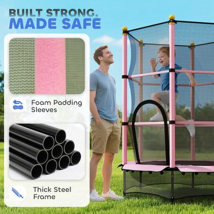 HOMCOM 4.6FT/55" Kids Trampoline with Safety Enclosure, Outdoor Indoor Use, for Ages 3-10 Years, Pink