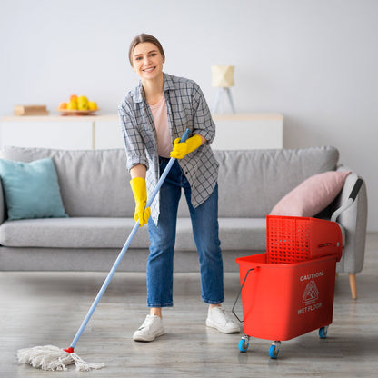 20L Mop Bucket with Wringer and Handle, Mop Bucket on Wheels for Floor Cleaning, Separate Dirty and Clean Water, Red