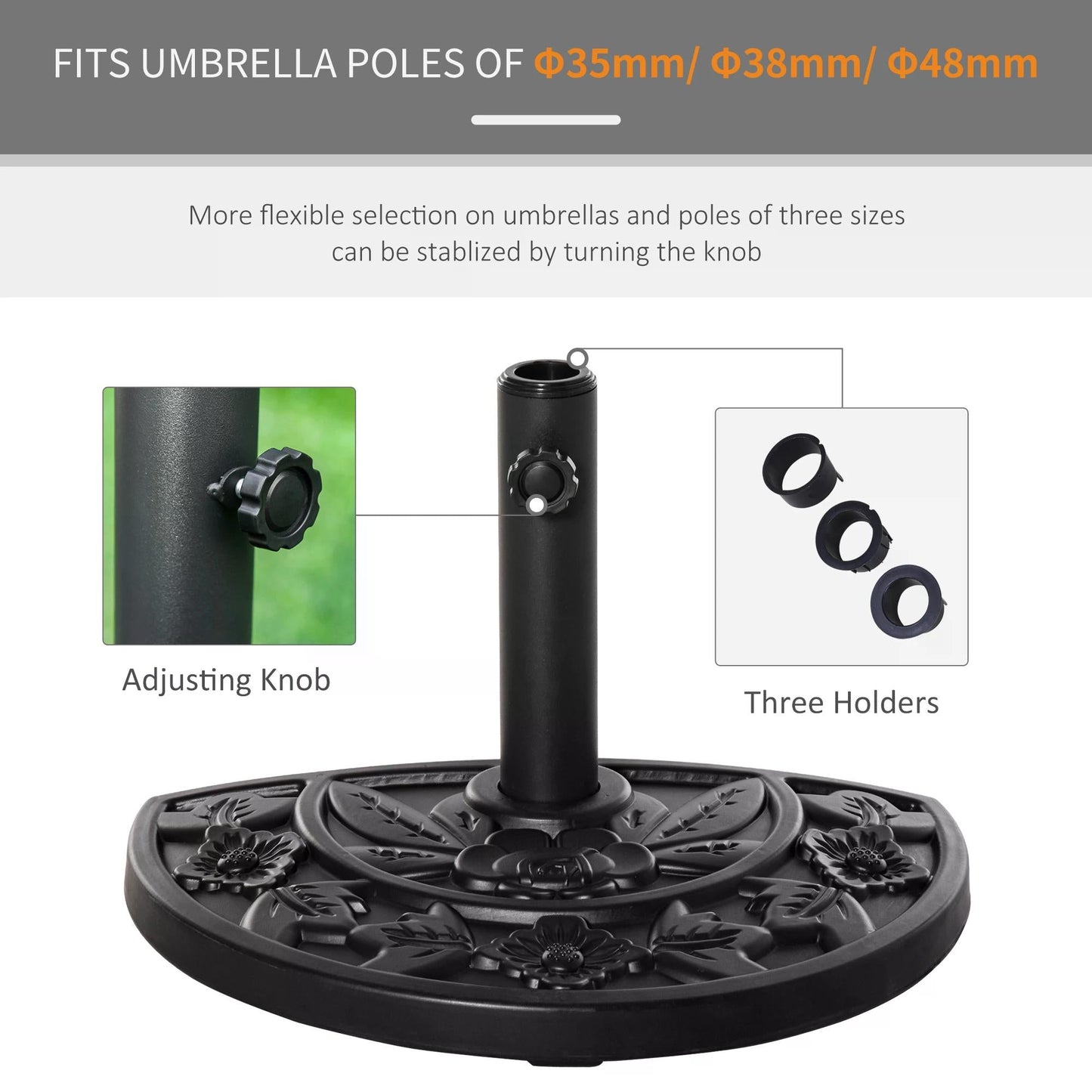 Outsunny 9kg Cement Concrete Half Round Parasol Base Umbrella Stand Garden Outdoor Accessories - Adjustable Coupler Suitable Umbrella Rod: _3.5cm, _3.8cm, _4.8cm