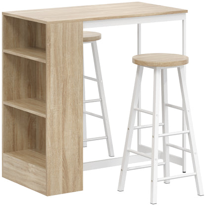 HOMCOM Breakfast Bar Table and Stools Set with 3 Tier Storage Shelves, Footrest and Metal Frame, 91 cm, Oak
