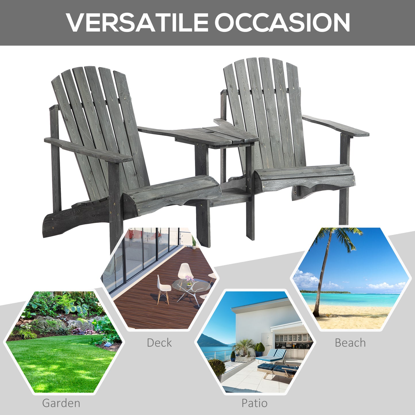 Drewniana sofa ogrodowa Outsunny Double Adirondack Chairs z podwójnymi krzesłami, stolikiem centralnym i otworem na parasol, meble ogrodowe do wypoczynku i relaksu, kolor szary