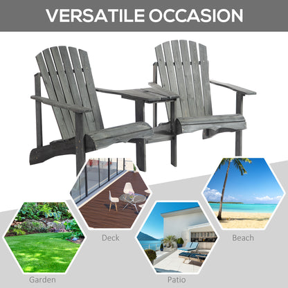 Drewniana sofa ogrodowa Outsunny Double Adirondack Chairs z podwójnymi krzesłami, stolikiem centralnym i otworem na parasol, meble ogrodowe do wypoczynku i relaksu, kolor szary