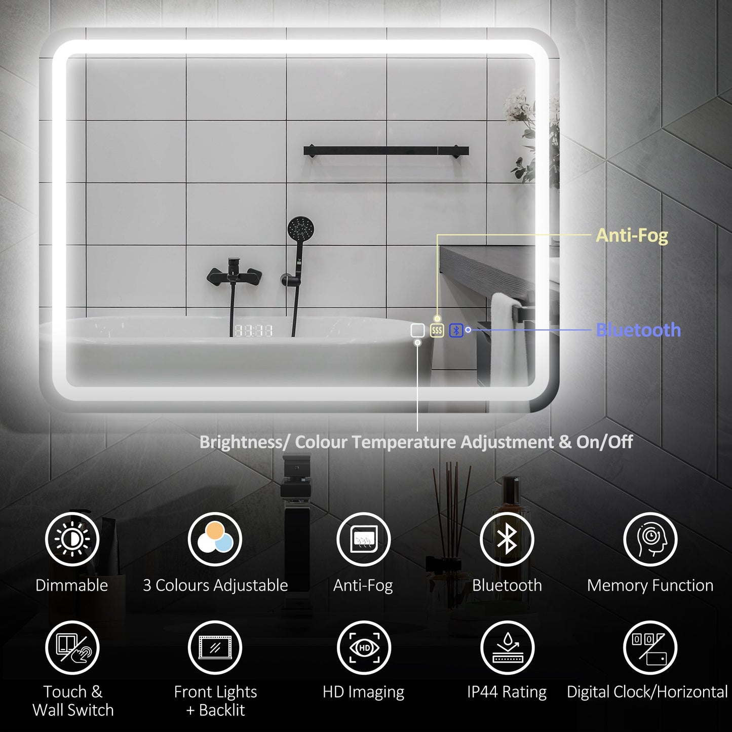 HOMCOM 80 x 60 cm Bluetooth Bathroom Mirror - Silver-Tone