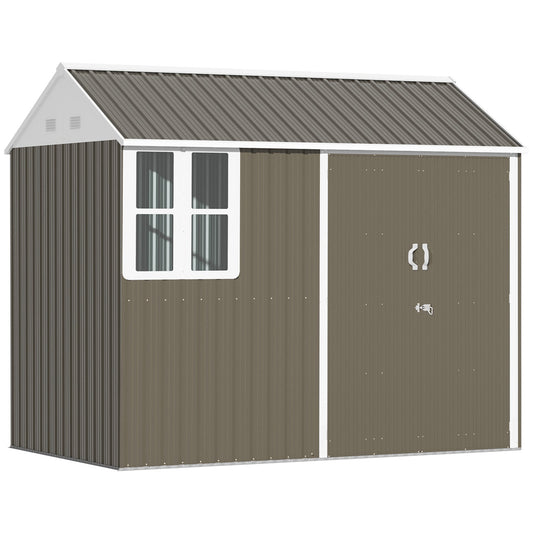 Outsunny 8 x 6 ft Galvanised Garden Shed, Double Door Metal Shed with Window and Air Vents, Outdoor Lockable Tool Storage House for Patio, Lawn, Grey