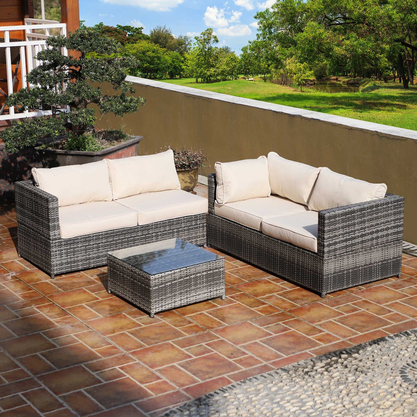 Outsunny 4-Seater Rattan Garden Furniture Outdoor Patio Corner Sofa Chair Set with Coffee Table Thick Cushions, Beige