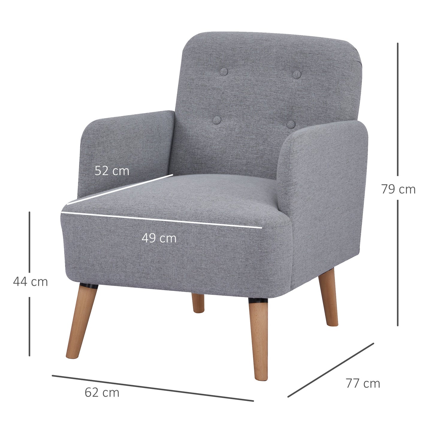 Upholstered Armchair, Nature Wood Frame Living Room Chairs with Birch Wood Legs & Thick Padding Seat and Button Mid-Back, Light Grey