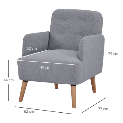 Upholstered Armchair, Nature Wood Frame Living Room Chairs with Birch Wood Legs & Thick Padding Seat and Button Mid-Back, Light Grey