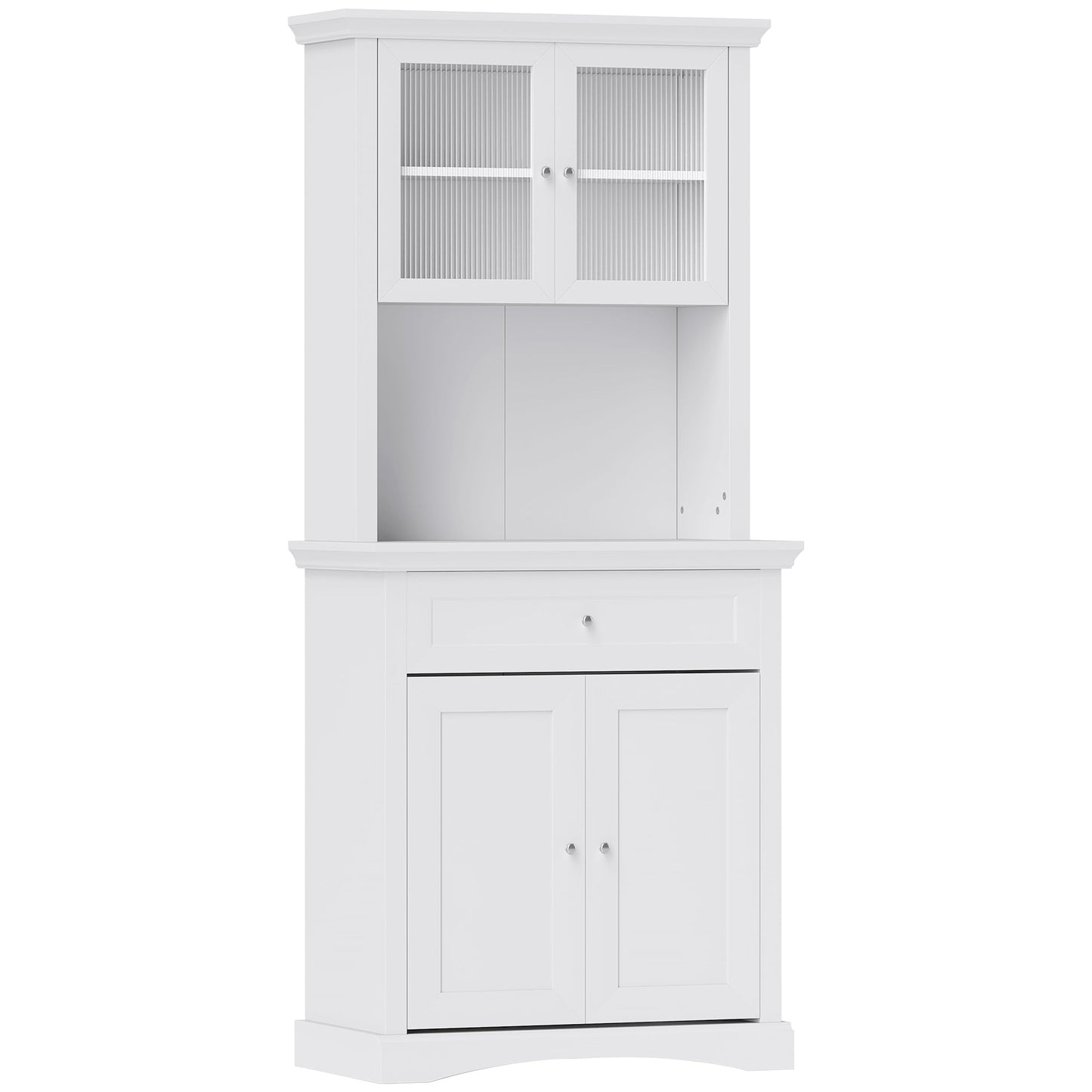 HOMCOM 4-Door Kitchen Cupboard with Drawer, Freestanding Kitchen Cabinet with Glass Doors, Adjustable Shelves and Open Counter, White