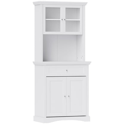 HOMCOM 4-Door Kitchen Cupboard with Drawer, Freestanding Kitchen Cabinet with Glass Doors, Adjustable Shelves and Open Counter, White