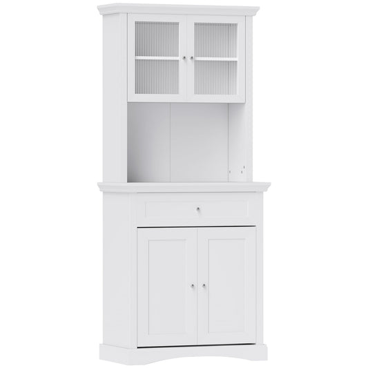 HOMCOM 4-Door Kitchen Cupboard with Drawer, Freestanding Kitchen Cabinet with Glass Doors, Adjustable Shelves and Open Counter, White