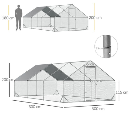 PawHut Large Hen Coop, Galvanised Walk In Chicken Run with Cover, 6 x 3 x 2m, Silver