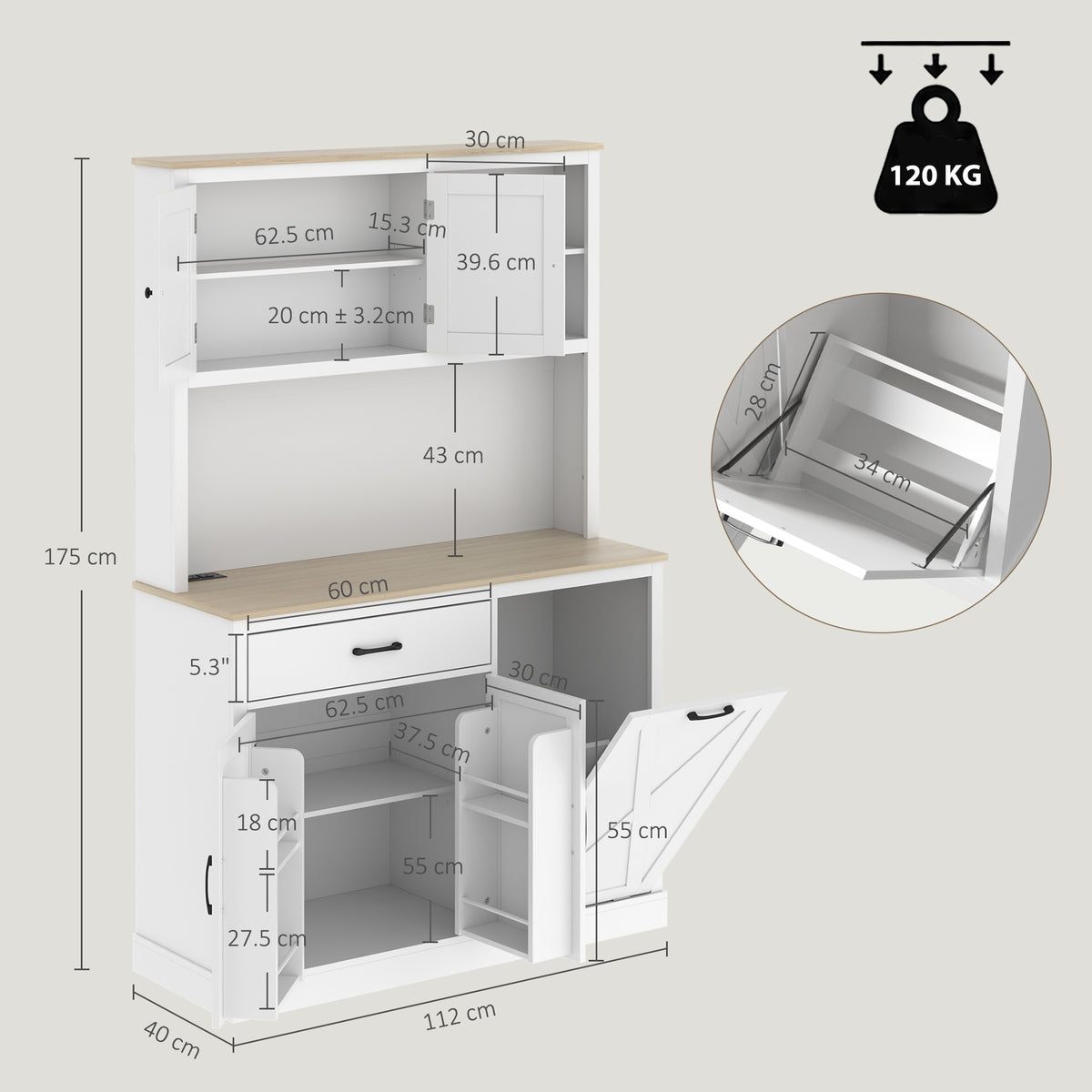 HOMCOM Pantry Cabinet with Charging Station, Microwave Stand, Rubbish Bin Cabinet, Adjustable Shelves, Barn Style Doors, White
