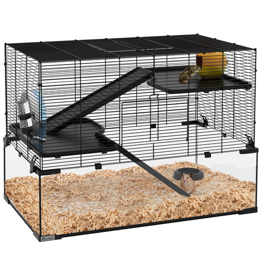 PawHut 3 Tiers Hamster Cage, Gerbil Cage with Deep Glass Bottom, Non-Slip Ramps, Platforms, Hut, Exercise Wheels, Water Bottle, Dish, for Syrian Hamster, Dwarf Hamster, 78.5 x 48.5 x 54.5cm