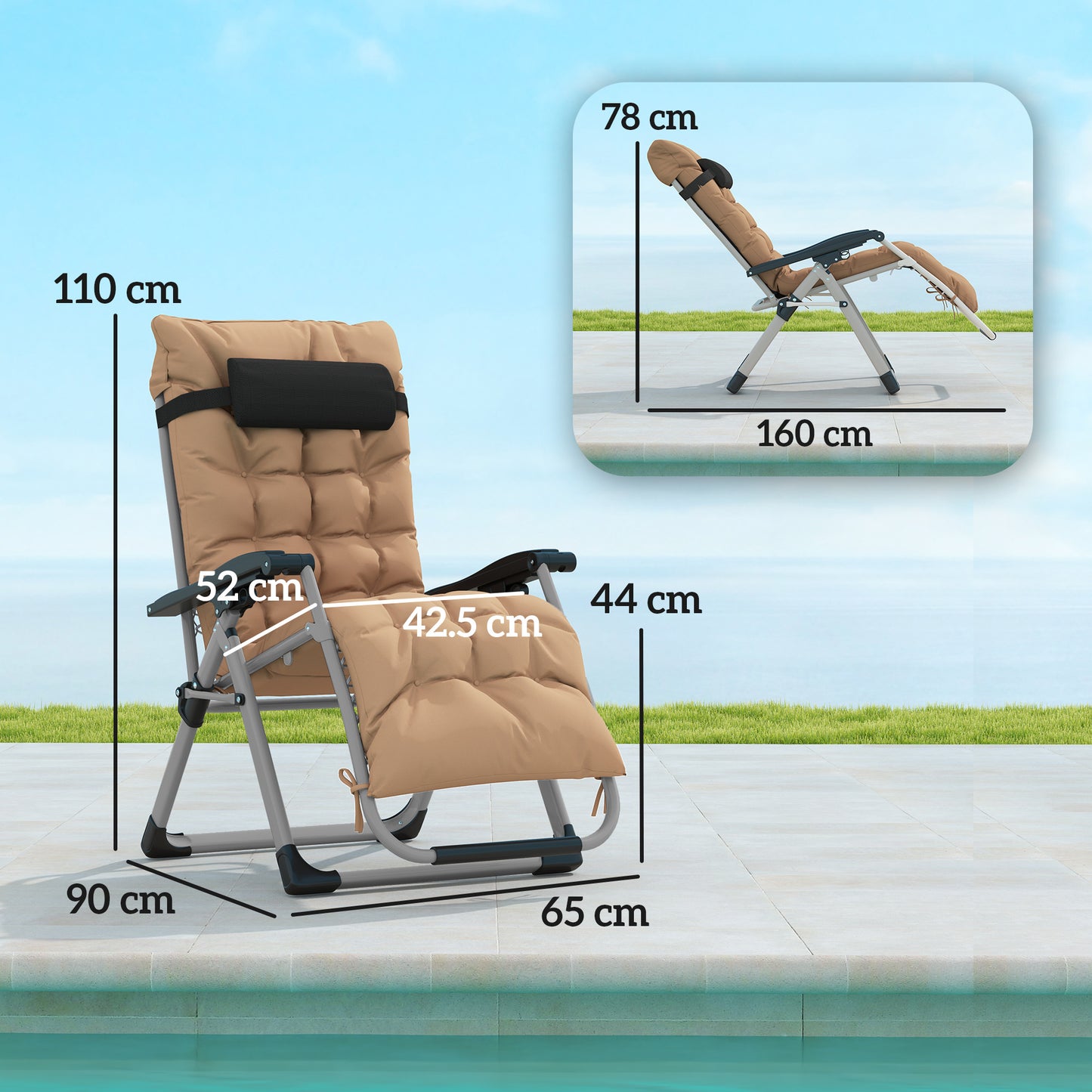 Outsunny 2-częściowy leżak z funkcją odchylania Zero Gravity z poduszkami, khaki