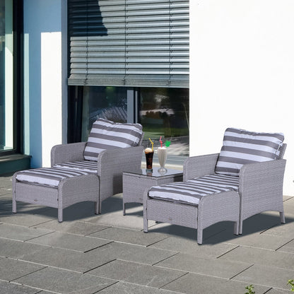 Outsunny 2 Seater PE Rattan Garden Furniture Set, 2 Armchairs 2 Stools Glass Top Table Cushions Wicker Weave Chairs Outdoor Seating - Grey