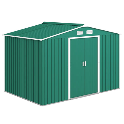 Outsunny 9 x 6ft Metal Garden Shed, Outdoor Storage Tool House with Ventilation Slots, Foundation Kit and Lockable Double Doors, Green