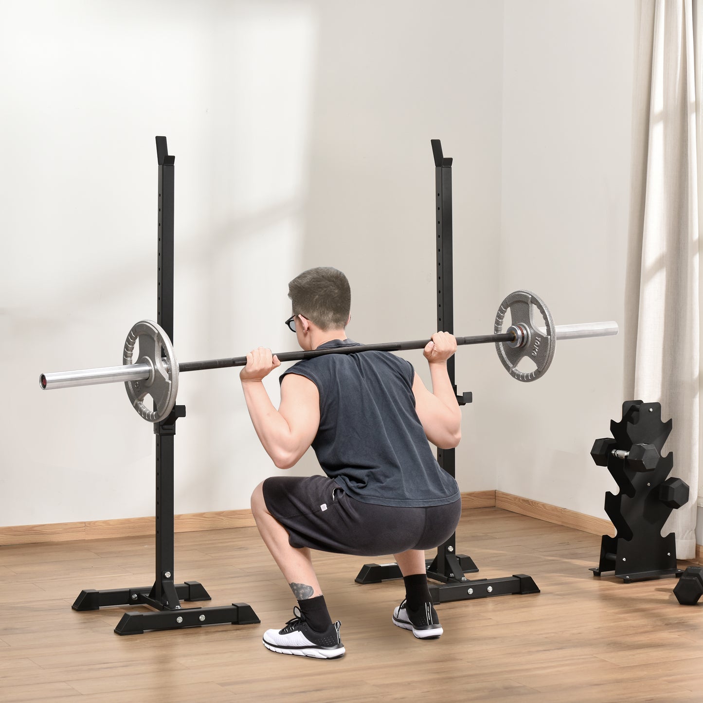 HOMCOM Adjustable Squat Rack, Weight Strength Training Bench Press Rack Weight Bench Supporter for Home Gym Exercise, Max Load 150kg, 124-154cm