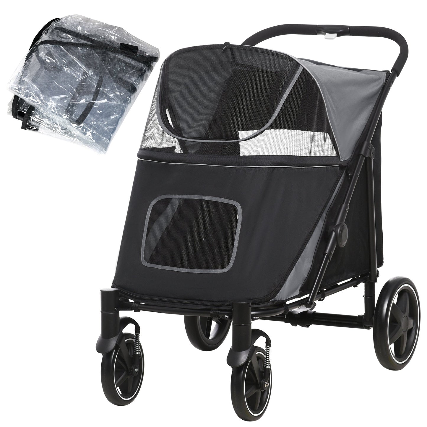 PawHut 4 Wheel Pet Stroller with Rain Cover for Medium and Large Dogs - Black