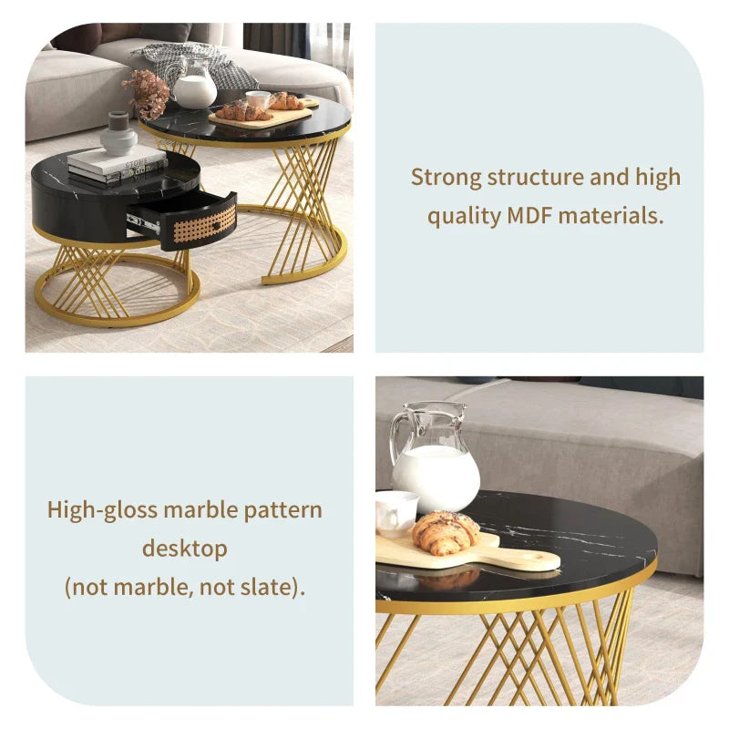 2-in-1 Marble Coffee Table Set with Marble Grain Veneer Top, Rattan Drawers, and Solid Wood Handles, Gold Iron Legs, 70x70x45.5 cm + 50x50x38.5 cm, Black+Gold