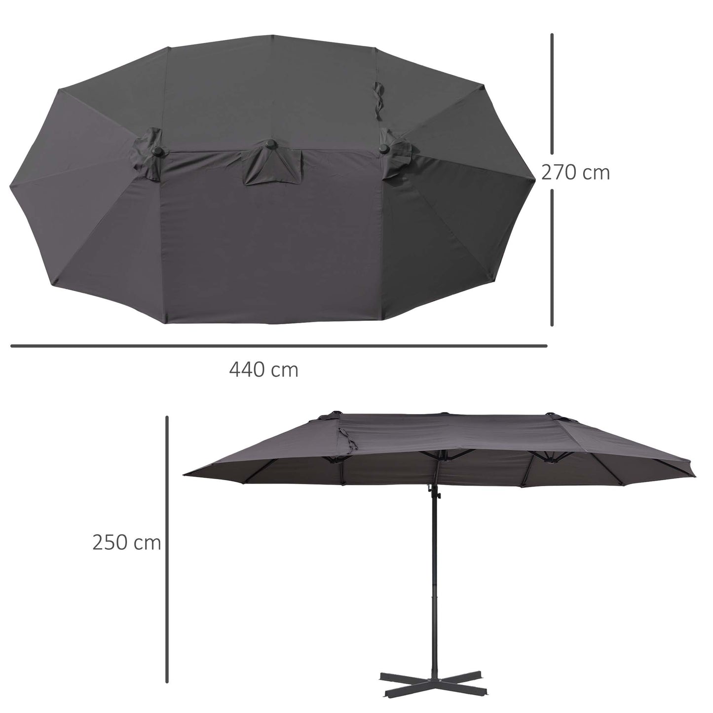 Outsunny Podwójny baldachim Parasol ogrodowy z przesunięciem baldachimu i stalowym słupkiem 12 żeberek Szary