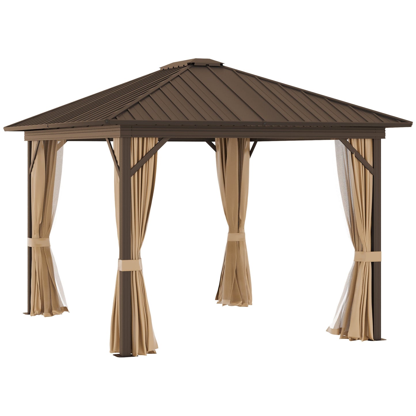 Outsunny 3 x 3.6m Outdoor Hardtop Gazebo Metal Roof Patio Gazebo with Aluminium Frame, Mesh Nettings, Curtains, & Roomy Interior Space, Brown