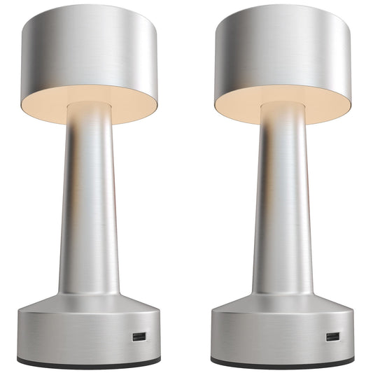 Zestaw 2 bezprzewodowych lamp stołowych, lampa biurkowa LED z akumulatorem, 3 kolory, do sypialni i salonu, srebrna