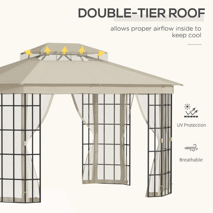 Outsunny 3.7 x 3(m) Patio Gazebo Canopy Garden Tent Shelter with 2 Tiers Roof and Mosquito Netting, Metal Frame, Beige