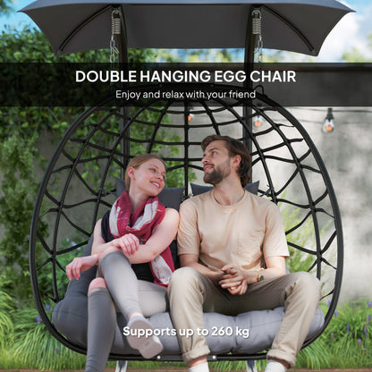 Outsunny Rattan Double Hanging Egg Chair z baldachimem, składany wiklinowy fotel hamakowy Egg z poduszką, poduszkami pod głowę, stojakiem, stalową ramą, fotelem hamakowym do wewnątrz i na zewnątrz, nośność 260 kg, czarny