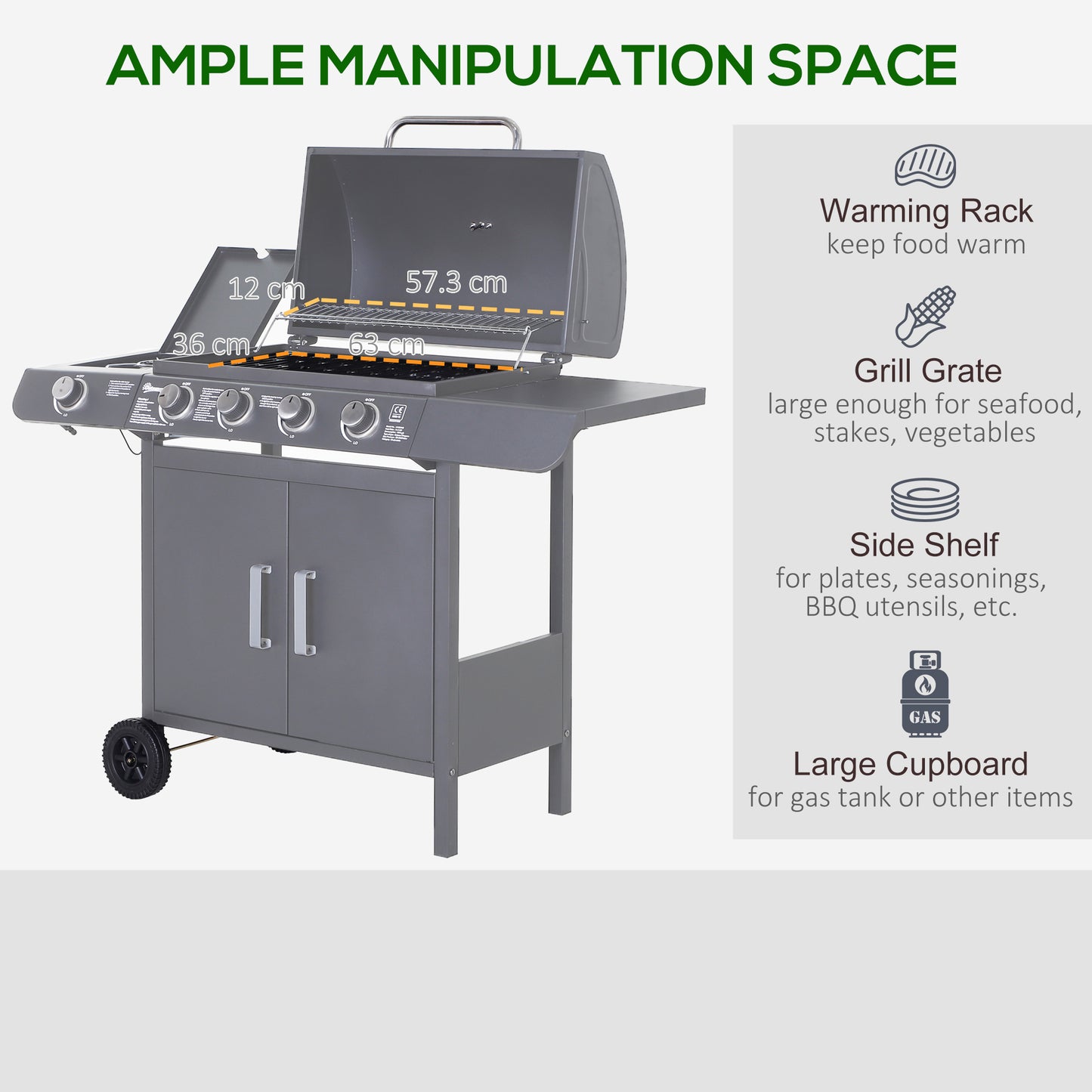 Grill gazowy Outsunny 4+1 Burner, wózek do grillowania na zewnątrz z kółkami, rusztem do podgrzewania, półkami bocznymi, szafką, termometrem do ogrodu, na imprezę, na kemping, 125 dł. x 51 szer. x 100 wys. cm, szary