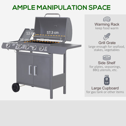 Grill gazowy Outsunny 4+1 Burner, wózek do grillowania na zewnątrz z kółkami, rusztem do podgrzewania, półkami bocznymi, szafką, termometrem do ogrodu, na imprezę, na kemping, 125 dł. x 51 szer. x 100 wys. cm, szary