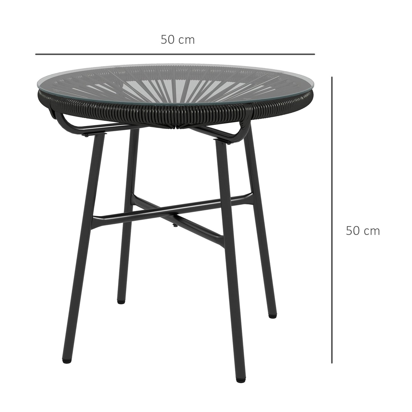 Outsunny Rattanowy stolik boczny, okrągły stolik kawowy do użytku na zewnątrz, z okrągłym blatem z PE Rattan i szkła hartowanego na patio, do ogrodu, na balkon, czarny