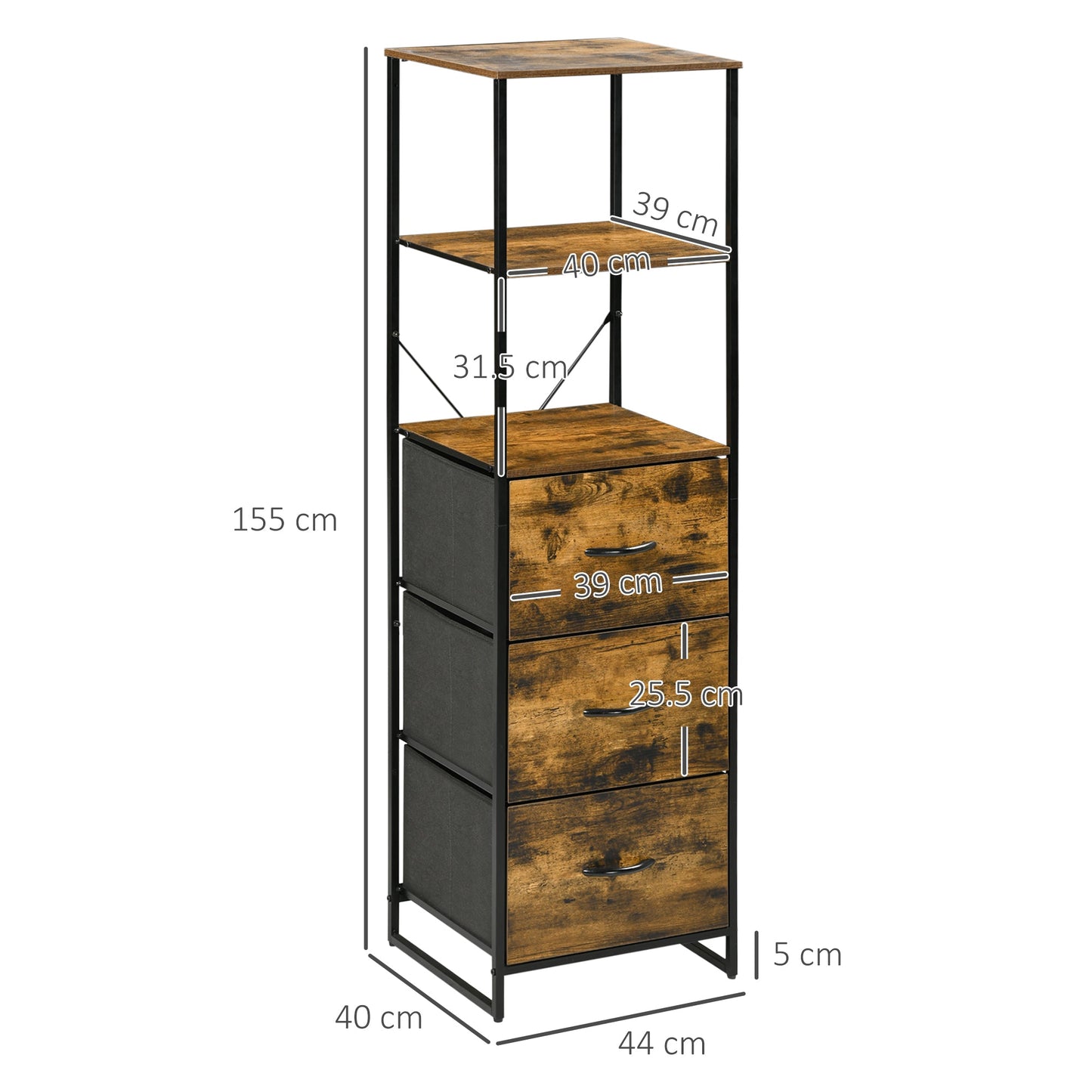 HOMCOM Industrial Storage Cabinet with 2 Open Shelves and 3 Foldable Fabric Drawers, Multifunctional Bookshelf in Living Room, Study, Bedroom, Rustic Brown