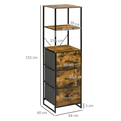 HOMCOM Industrial Storage Cabinet with 2 Open Shelves and 3 Foldable Fabric Drawers, Multifunctional Bookshelf in Living Room, Study, Bedroom, Rustic Brown