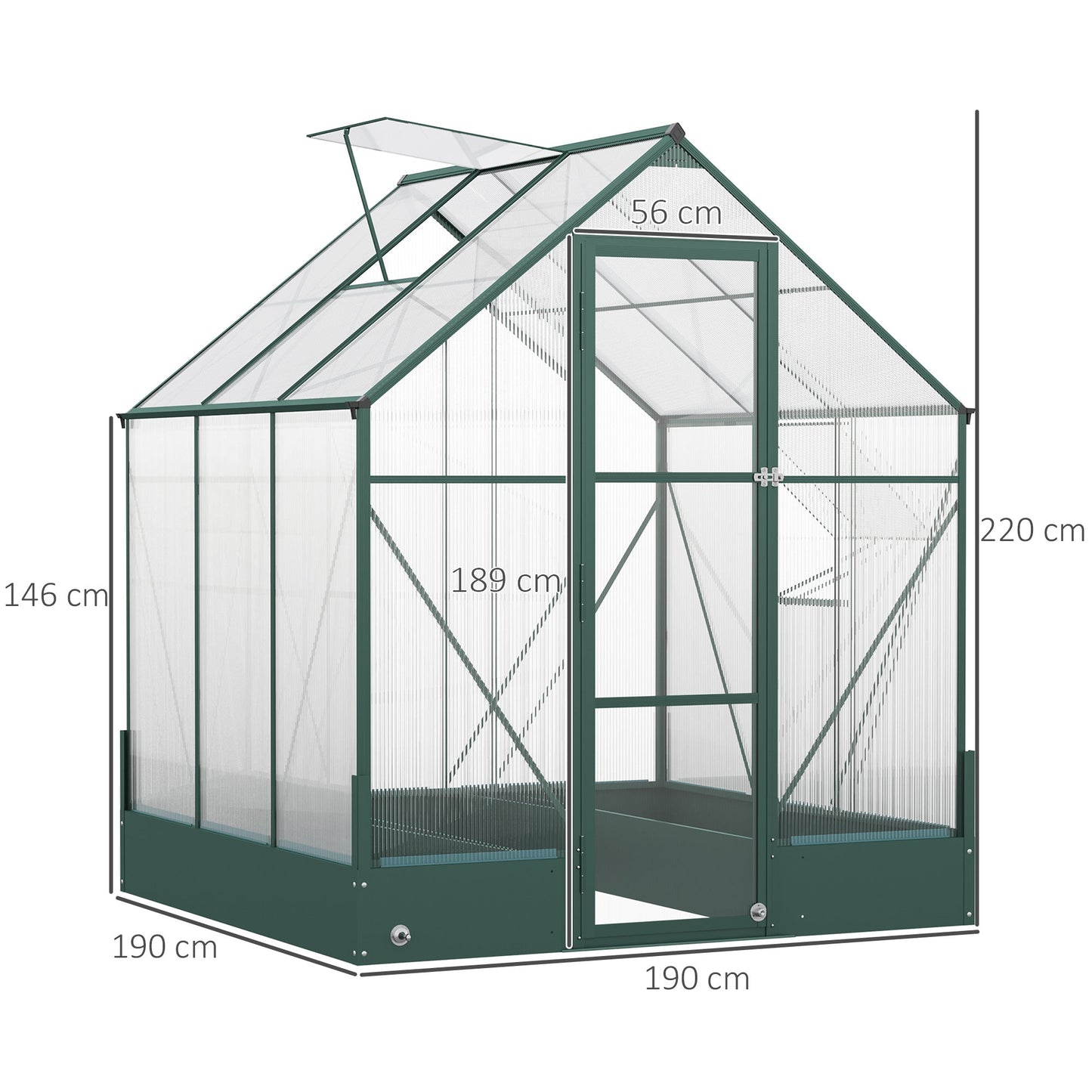 Outsunny Garden Walk-in Aluminium Greenhouse Polycarbonate with Plant Bed, Temperature Controlled Window, Foundation, 6 x 6ft