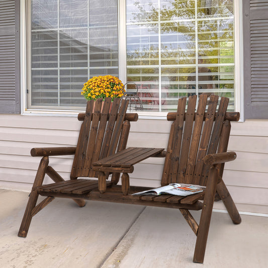 Outsunny Wood Patio Chair Bench 2 Seats Jack and Jill Seat z centralnym stolikiem kawowym, ławka ogrodowa, karbonizowana