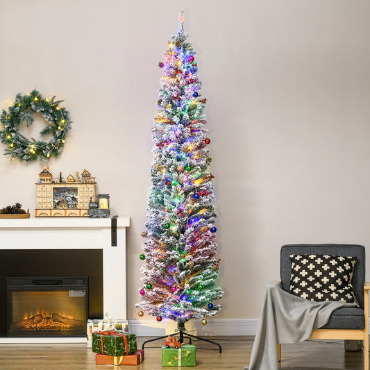 HOMCOM 7.5' Artificial Prelit Christmas Trees Holiday DŽcor with Colourful LED Lights, Flocked Tips, Berry, Pine Cone